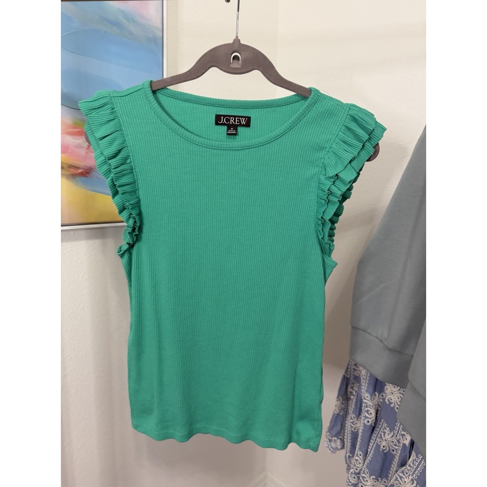 J.CREW Women's Sleeveless Ruffle Green Ribbed Shirt Medium